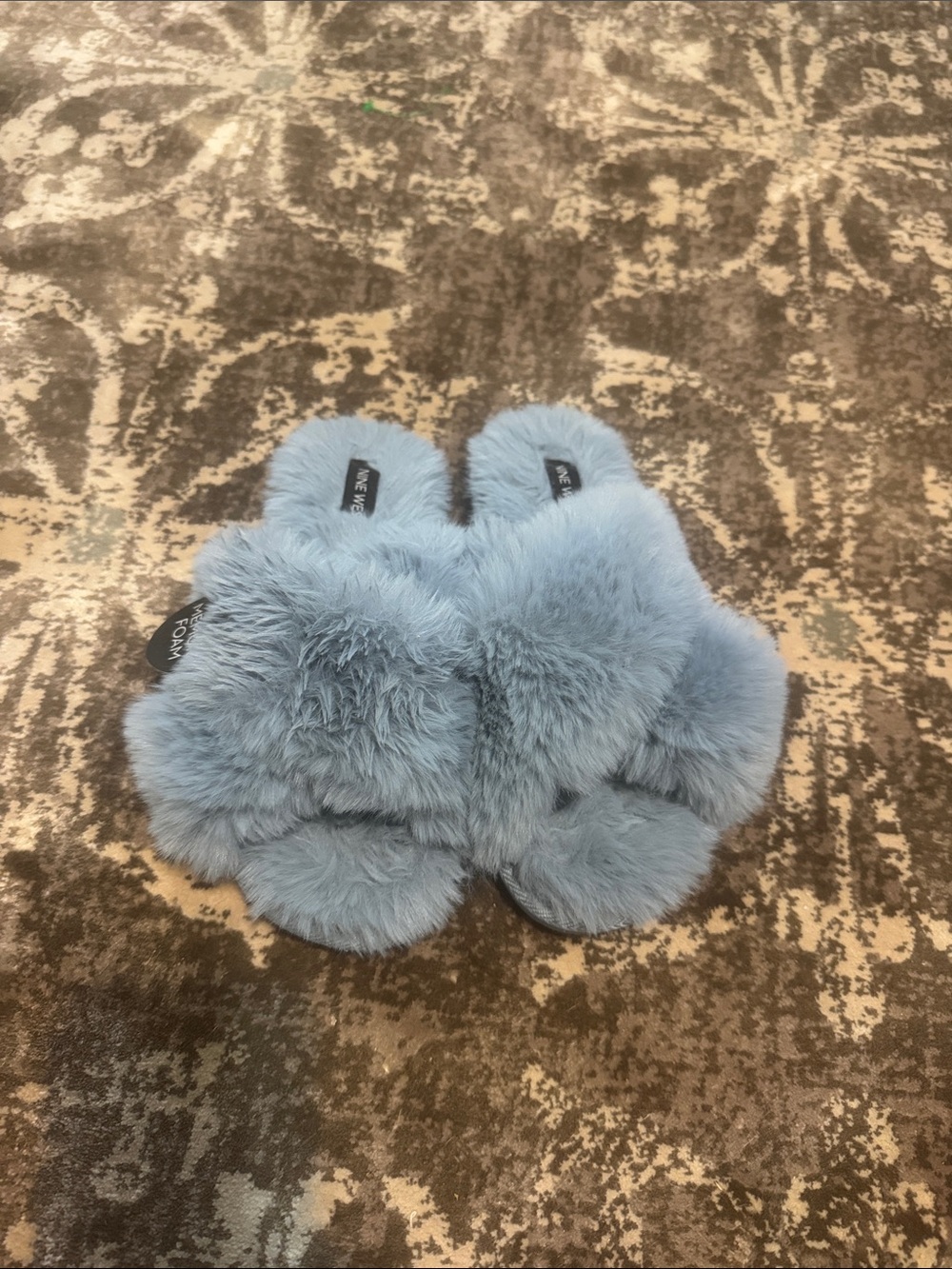 Nine West Light Blue Faux Fur Slide Slippers